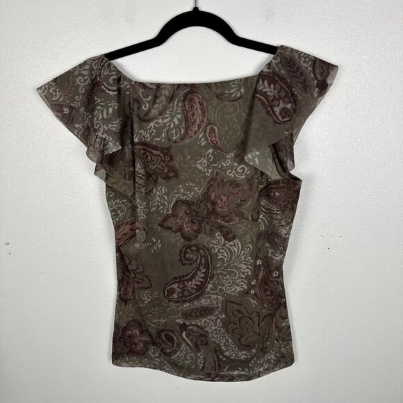 Y2K Mesh Top Vintage Women's Fairy Grunge Shirt Size M Brown Paisley Ruffle Neck - Picture 4 of 4